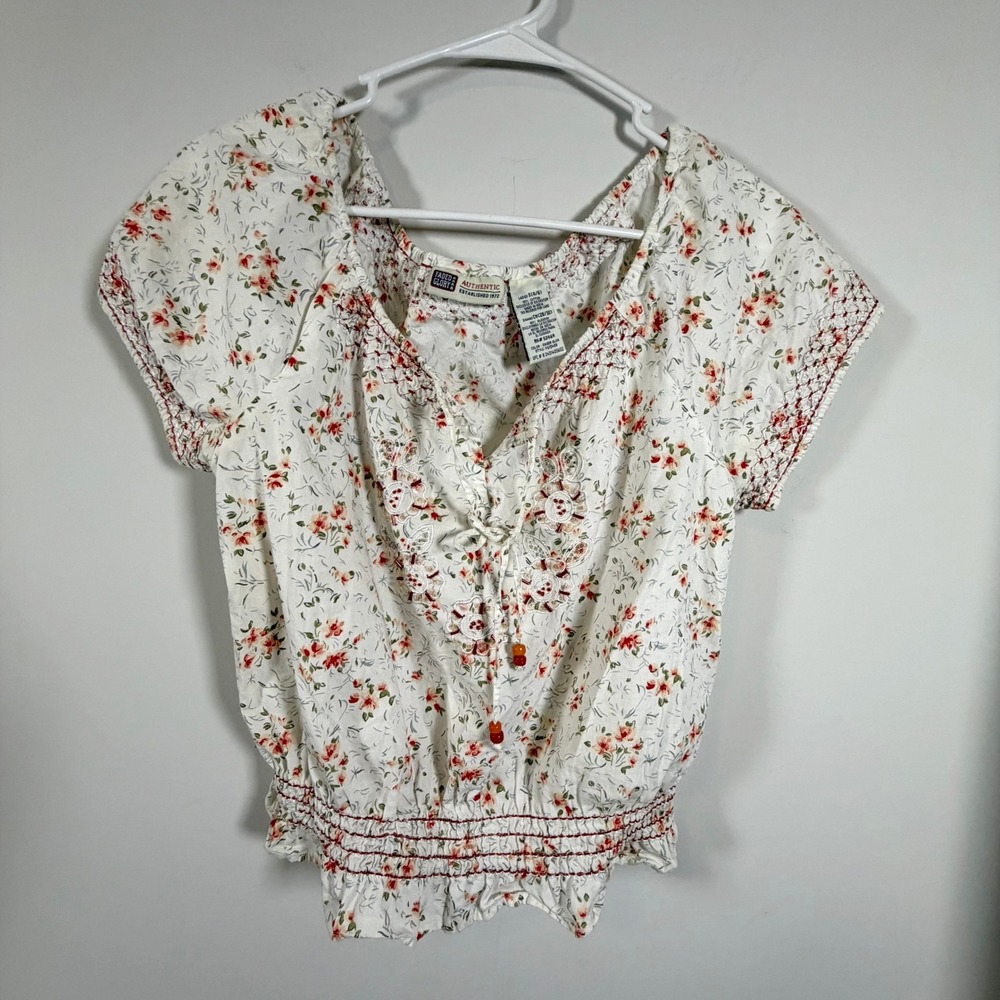Faded Glory Ginger Glow Floral Beaded Smocked Peasant Top S Romantic Cottage
